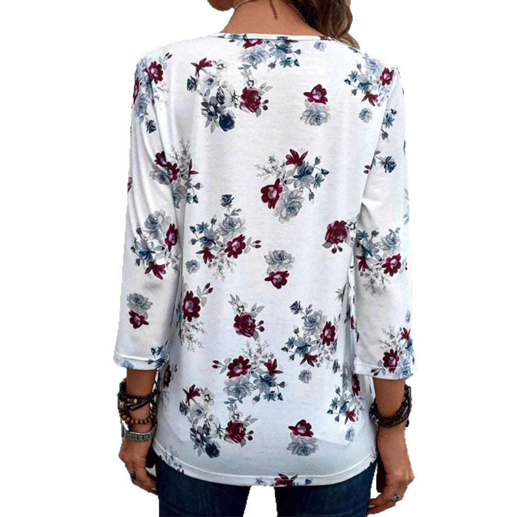 Damen Blusenshirt mit floralen Akzenten und knöpfbarem Ausschnitt Heidi-Mode