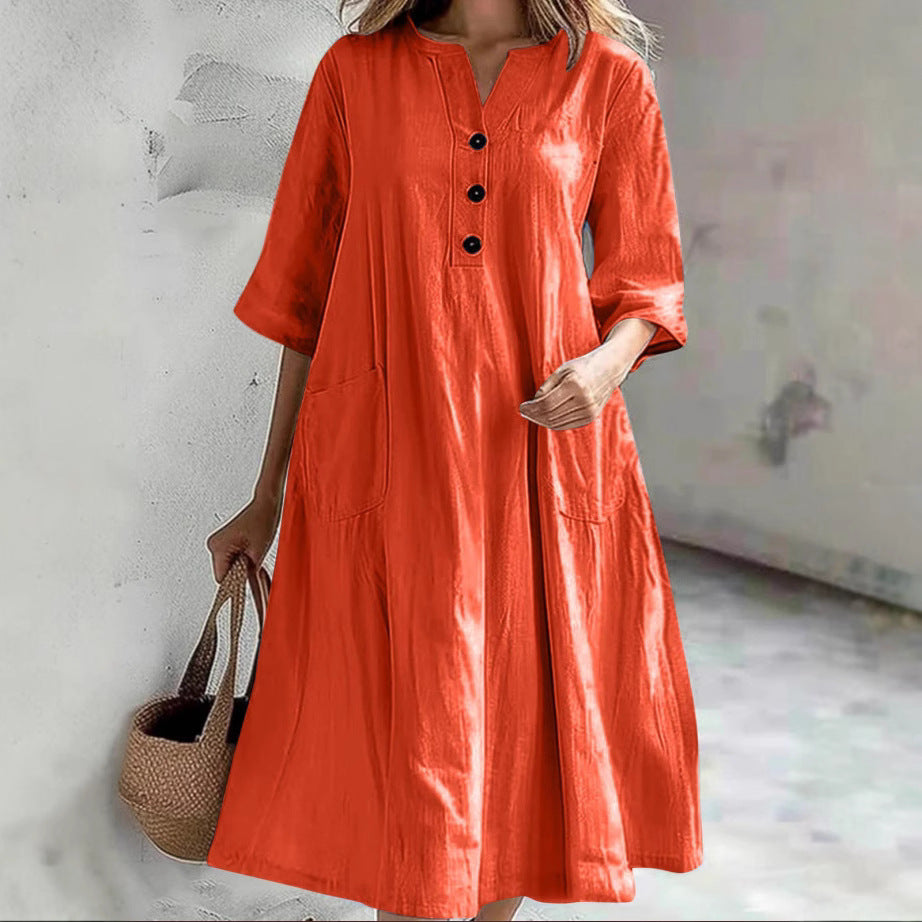 Damen lässiges Baumwollkleid mit Knopfleiste und praktischen Taschen EB