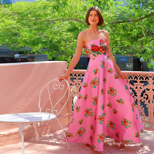 Damen Ballkleid mit floralem Oberteil und schwingendem Rock EB