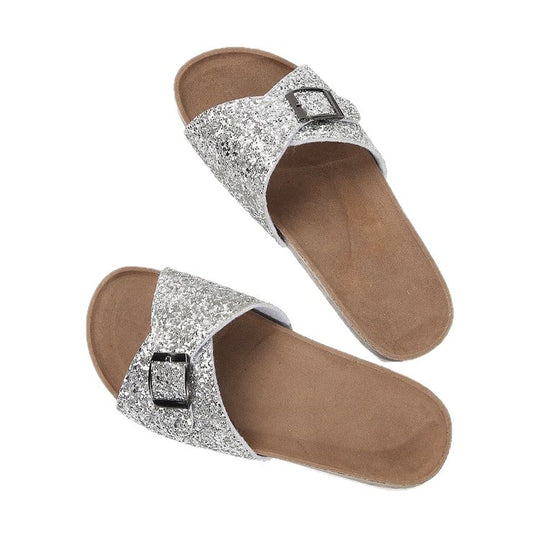 Damen Glitzernde Slides mit verstellbarem Schnallen-Design EB