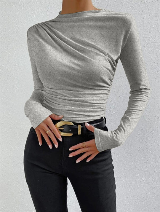 Damen nan figurbetontes Langarmshirt mit asymmetrischer Raffung am Vorderteil und U-Boot-Ausschnitt EB