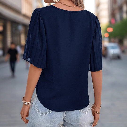 Damen elegantes Kurzarmoberteil mit plissiertem Volant und V-Ausschnitt EB