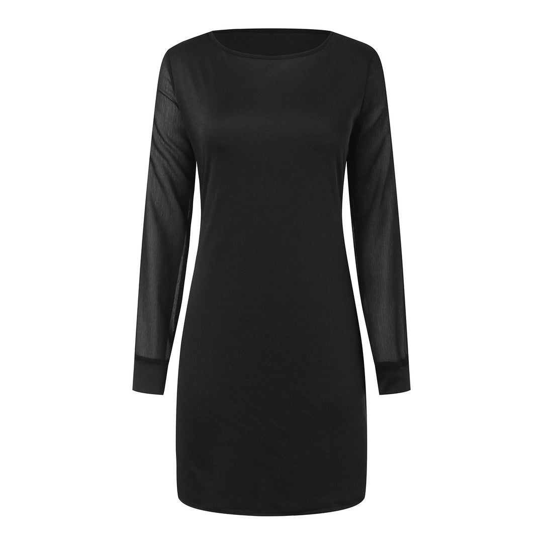 Damen nan elegantes Etuikleid mit transparenten Chiffon-Ärmeln, Rundhalsausschnitt und taillierter Silhouette EB