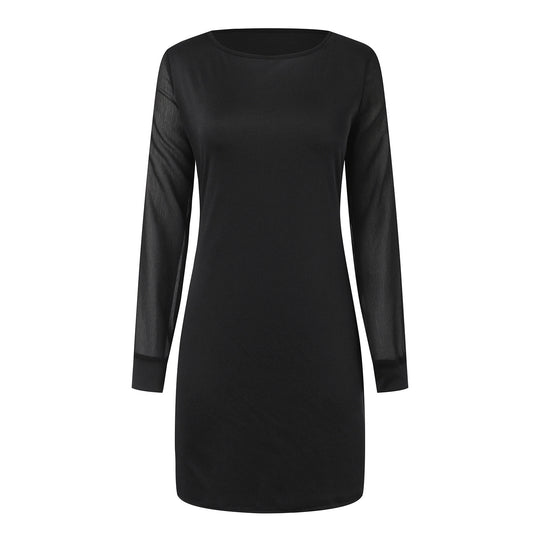 Damen nan elegantes Etuikleid mit transparenten Chiffon-Ärmeln, Rundhalsausschnitt und taillierter Silhouette EB