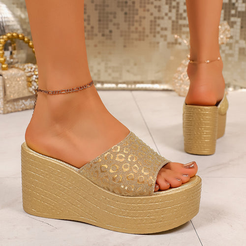 Damen Wedge-Pantoletten mit glitzerndem Leopardenmuster und komfortablem Fußbett EB