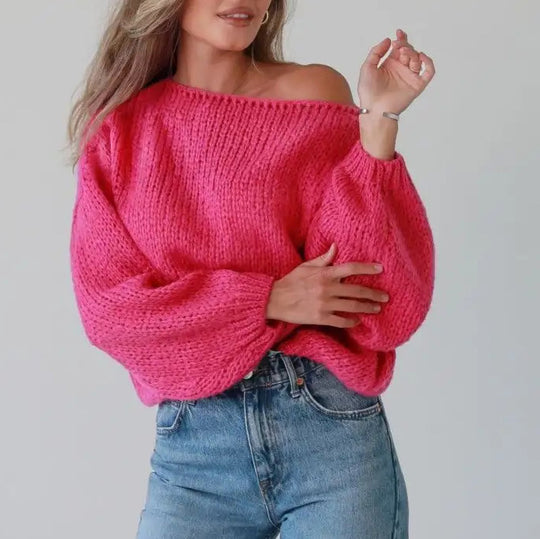 Damen lässiger Strickpullover mit voluminösen Ärmeln EB