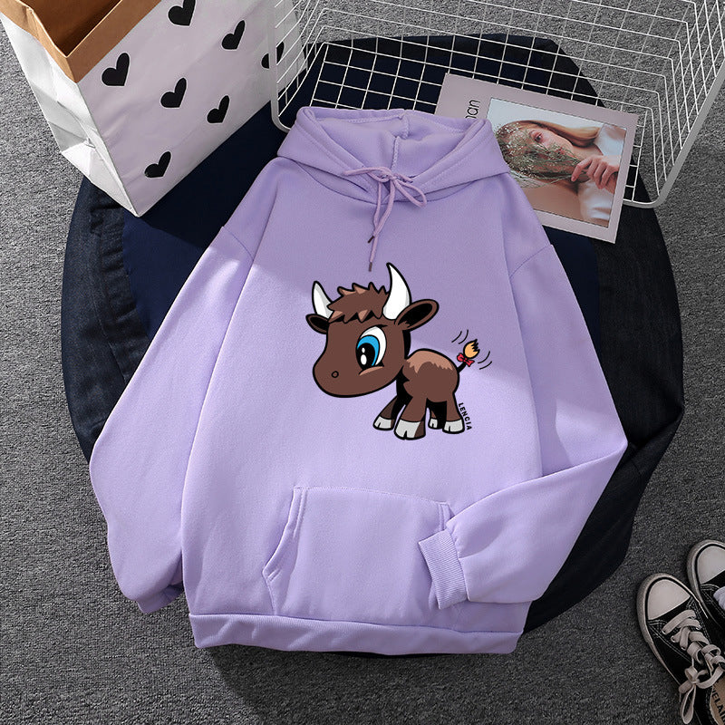 Damen nan Kapuzenpullover mit charmantem Stier-Karikaturprint, Kängurutasche und entspanntem Oversize-Schnitt EB
