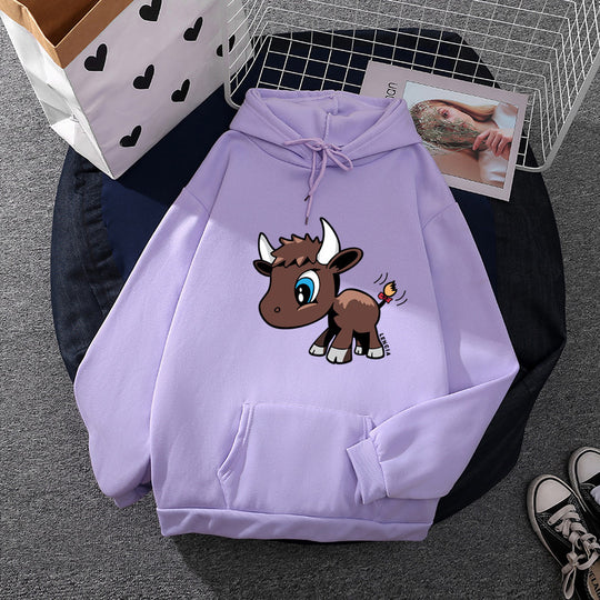 Damen nan Kapuzenpullover mit charmantem Stier-Karikaturprint, Kängurutasche und entspanntem Oversize-Schnitt EB