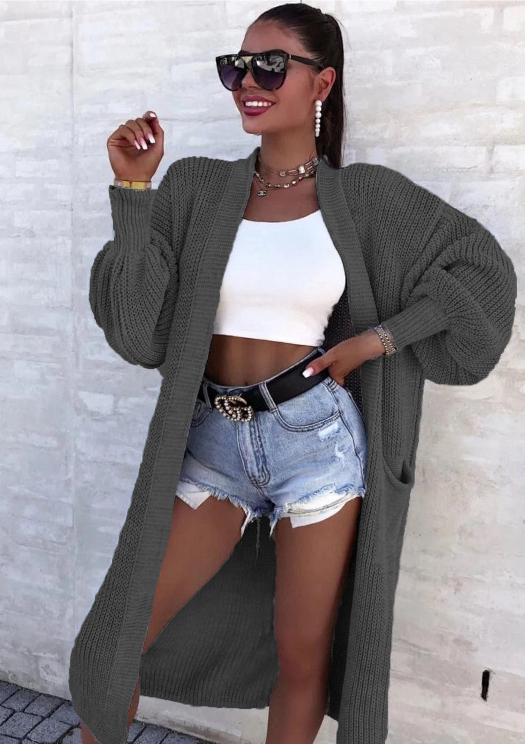 Damen Strickmantel mit weitem Schnitt und tiefen Taschen EB