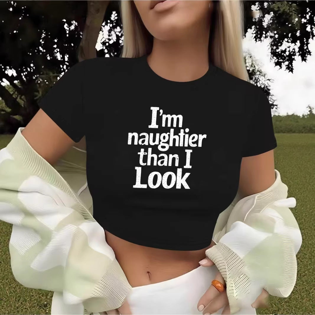 Damen Crop-T-Shirt mit kreativem Spruch und figurbetontem Schnitt EB