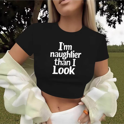 Damen Crop-T-Shirt mit kreativem Spruch und figurbetontem Schnitt EB