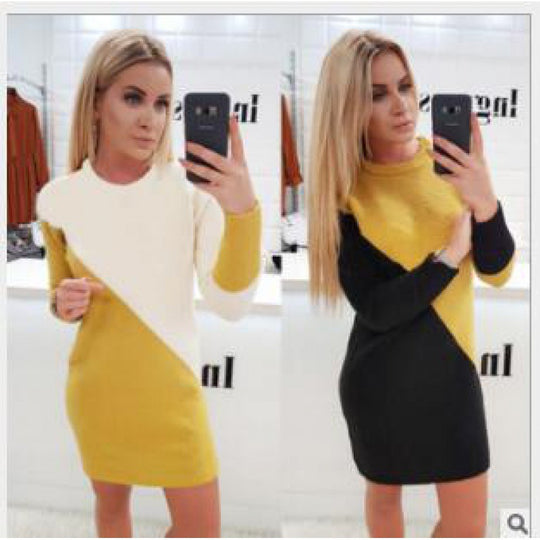 Damen Figurbetontes gestricktes Minikleid mit diagonalem Colorblock und Rundhalsausschnitt EB