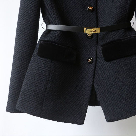 Damen Elegante Bouclé-Blazerjacke mit Samtbesatz und Taillengürtel EB