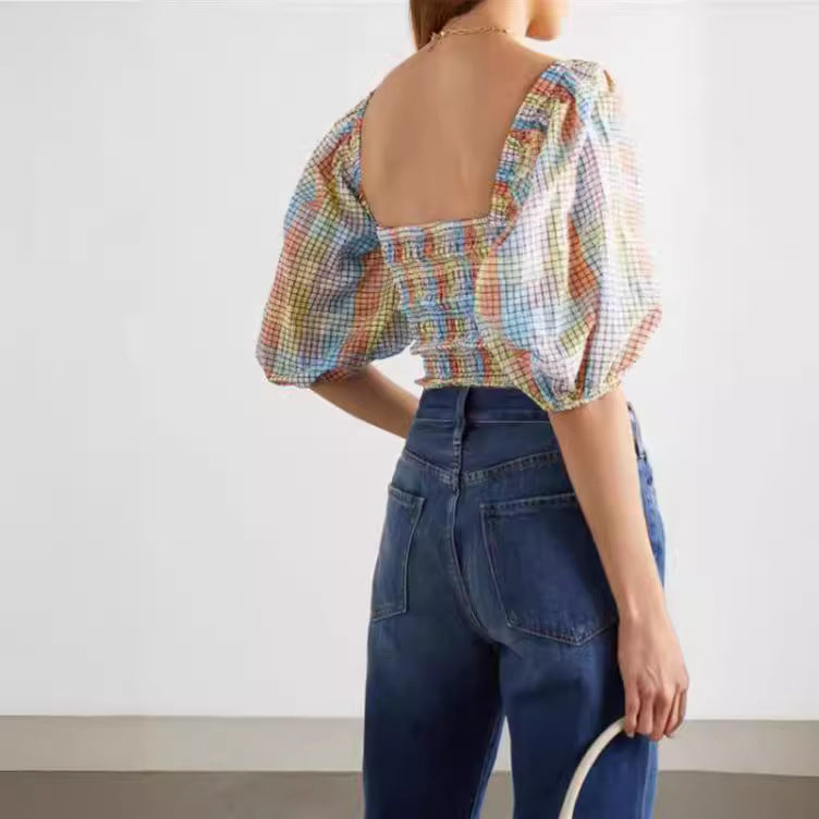 Damen Puffärmel Bluse mit kariertem Design EB
