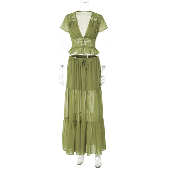 Damen Elegantes Maxikleid mit Spitzenoberteil und fließendem Saum EB