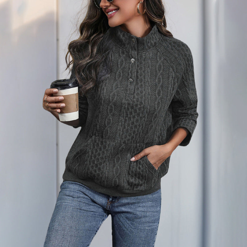 Damen modische Kapuzenpullover mit Knopfleiste und Kängurutasche EB