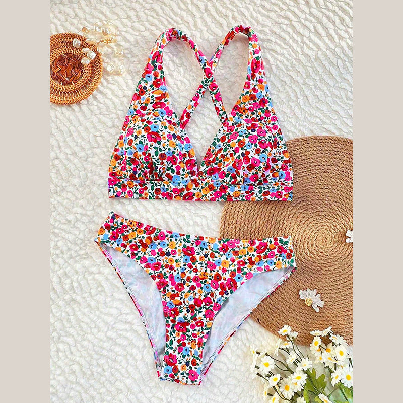 Damen Zweiteiliger Bikini mit floralem Design und hohem Beinausschnitt EB
