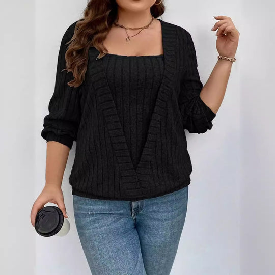Damen lässiger Strickpullover mit tiefem V-Ausschnitt und Rippstruktur EB