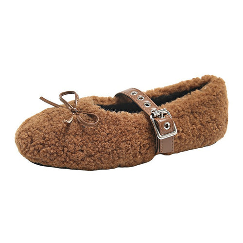 Damen Ballerinas aus kuscheligem Stoff mit verstellbarem Riemen und Schleifen-Applikation EB