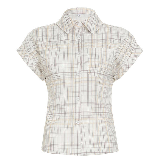 Damen Kurzarm-Karobluse mit tailliertem Schnitt und Knopfdetails EB