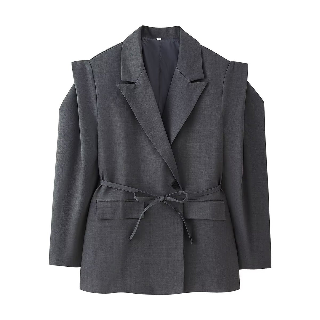 Damen nan taillierter Blazer mit Bindegürtel, Reverskragen und Schulterpolstern EB
