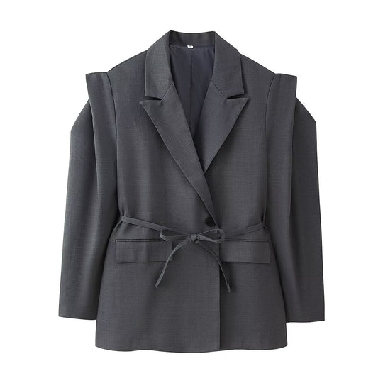 Damen nan taillierter Blazer mit Bindegürtel, Reverskragen und Schulterpolstern EB