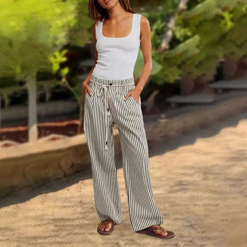 Damen lässige weite Hose im Streifenlook mit elastischem Bund und Bindegürtel EB