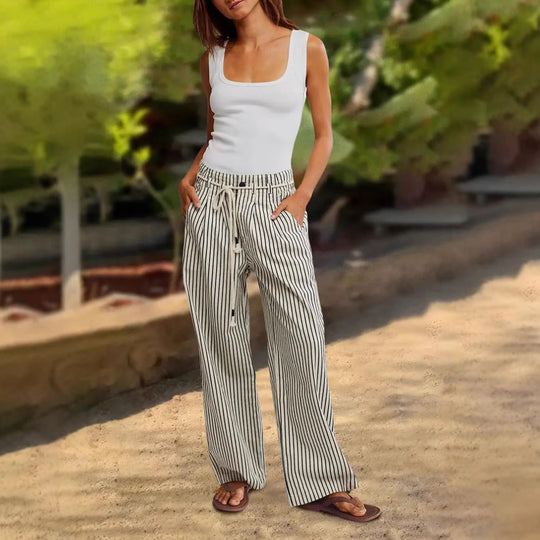 Damen lässige weite Hose im Streifenlook mit elastischem Bund und Bindegürtel EB