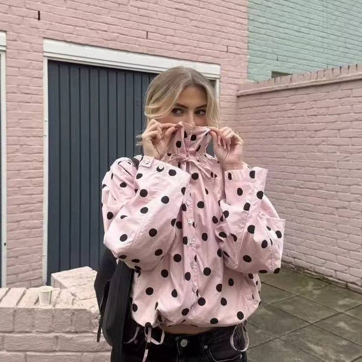 Damen nan leichte gepunktete Windbreaker-Jacke mit Tunnelzug und Stehkragen EB