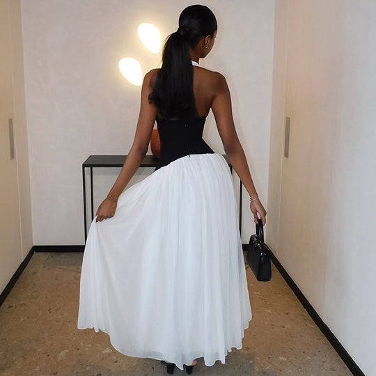 Damen Elegantes Maxikleid mit tiefem V-Ausschnitt und stilvollem Farbkontrast EB