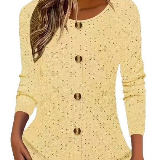Damen Langarm Blusenshirt mit dekorativen Knopfdetails und filigranem Lochmuster EB