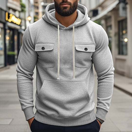 Herren nan sportiver Kapuzenpullover mit aufgesetzten Klappentaschen, Kängurutasche und schmalem Saum EB