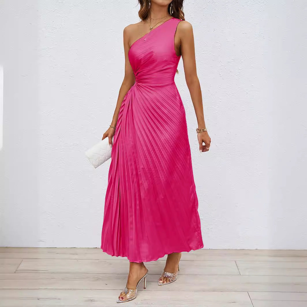 Damen Langes Wickel-Kleid mit asymmetrischem Ausschnitt und plissiertem Design EB