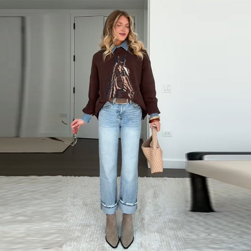 Damen Sweatshirt mit kunstvollem Tiermotiv und lässigem Schnitt EB