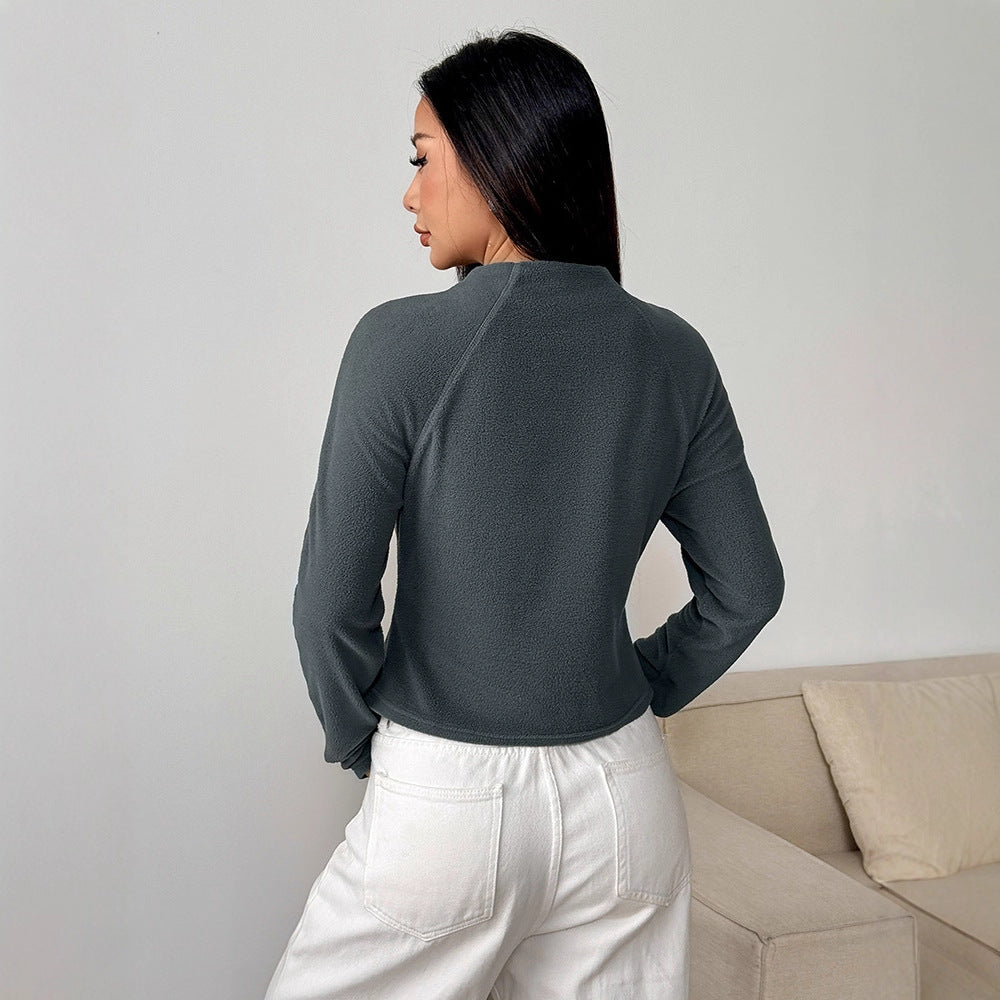 Damen sportlicher Fleece-Oberteil mit Stehkragen und Reißverschluss EB