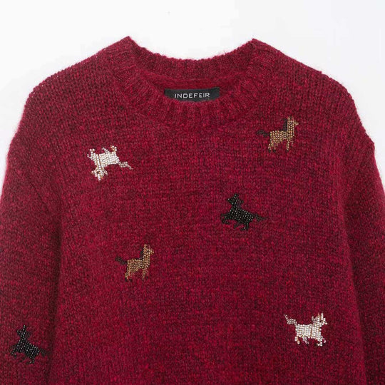 Damen nan kurzgeschnittener Grobstrick-Pullover mit Hundemotiv, Rundhalsausschnitt und elastischem Rippbund EB