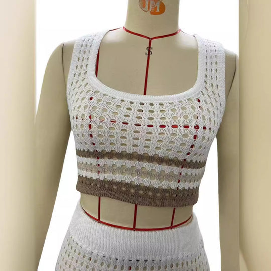 Damen elegantes gestricktes Zweiteiler-Set mit geometrischem Lochdesign EB