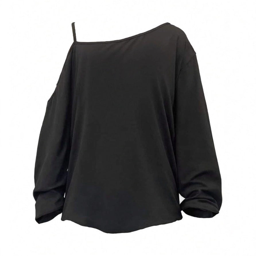 Damen nan lässiges asymmetrisches Off-Shoulder Langarmshirt mit auffälligem Statement-Print und lockerer Oversize-Passform EB
