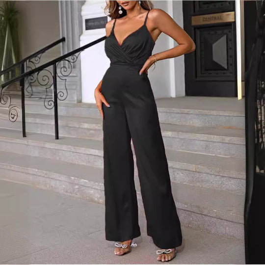 Damen eleganter Overall mit taillierter Drapierung und feinen Trägern EB