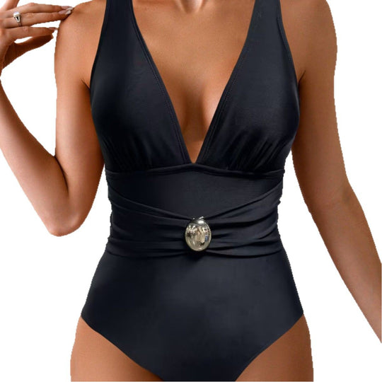 Damen Einteiliger Badeanzug mit tiefem V-Ausschnitt und eleganter Gürteldetails EB
