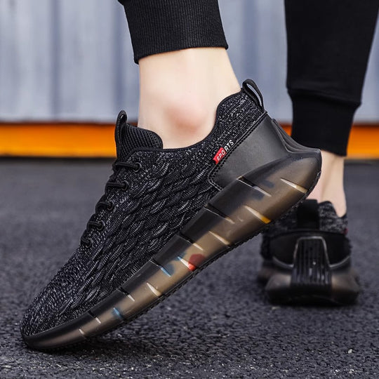 Unisex atmungsaktive Strick-Laufsneaker mit transparenter Wellenlaufsohle und gepolstertem Sockeneinstieg EB
