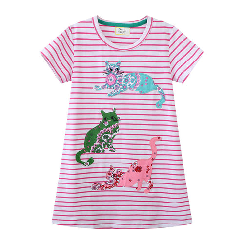 Mädchen gestreiftes Kurzarmkleid mit bunten Katzenmotiven EB