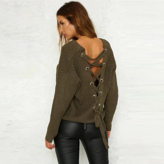 Damen Pullover mit einzigartigem Rückendesign und dekorativem Schnüriemen EB