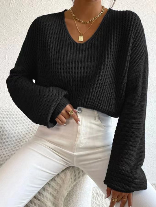 Damen Strukturierter Pullover mit V-Ausschnitt und weiten Ärmeln EB