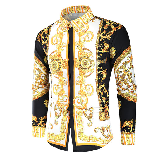 Herren nan barockes Langarm-Hemd mit ornamentalem Druck, Kentkragen und tailliertem Schnitt EB