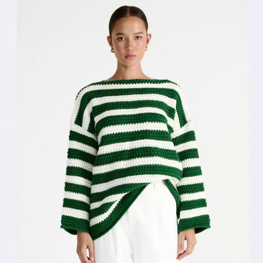 Damen lässiger Oversize-Pullover mit Streifenmuster EB