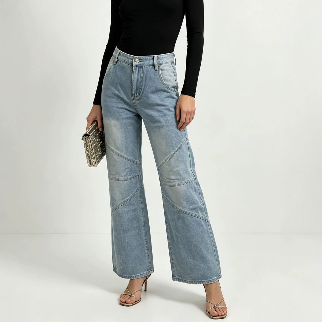Damen nan weite Jeanshose mit hohen Bund, geschwungenen Ziernähten und weitem Bein EB