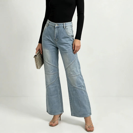 Damen nan weite Jeanshose mit hohen Bund, geschwungenen Ziernähten und weitem Bein EB