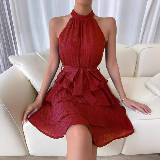 Damen Hochgeschlossenes Volantkleid mit Taillengürtel EB