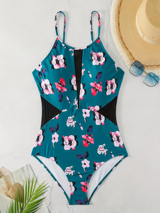 Damen Einteiliger Badeanzug mit modischem floralem Design und schickem Schwarz EB